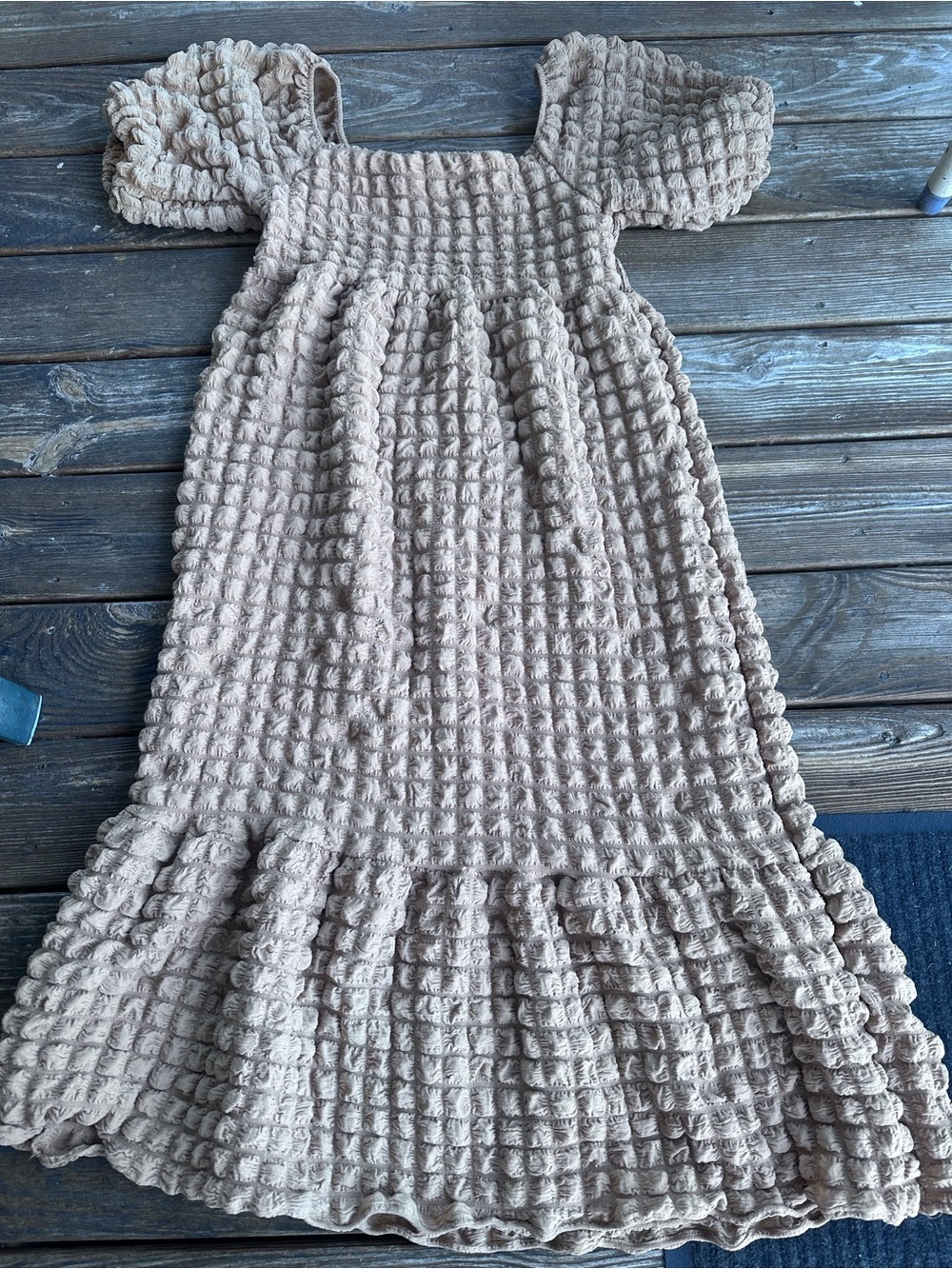 Simply Southern Beige Textured Puff-Sleeve Midi Dress - Picture 9 of 13